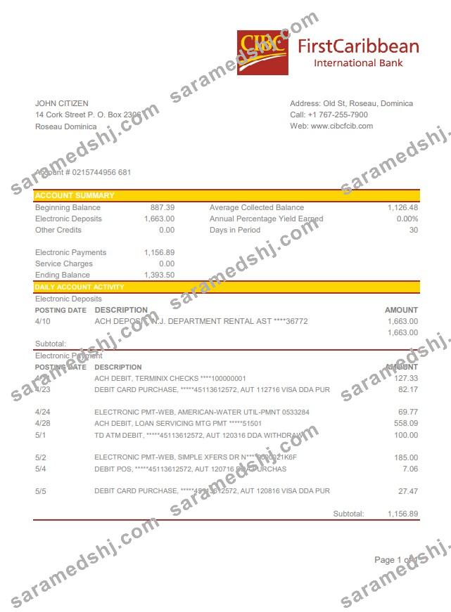 Dominica CIBC First Caribbean International Bank statement easy to fill template in .xls and .pdf file format